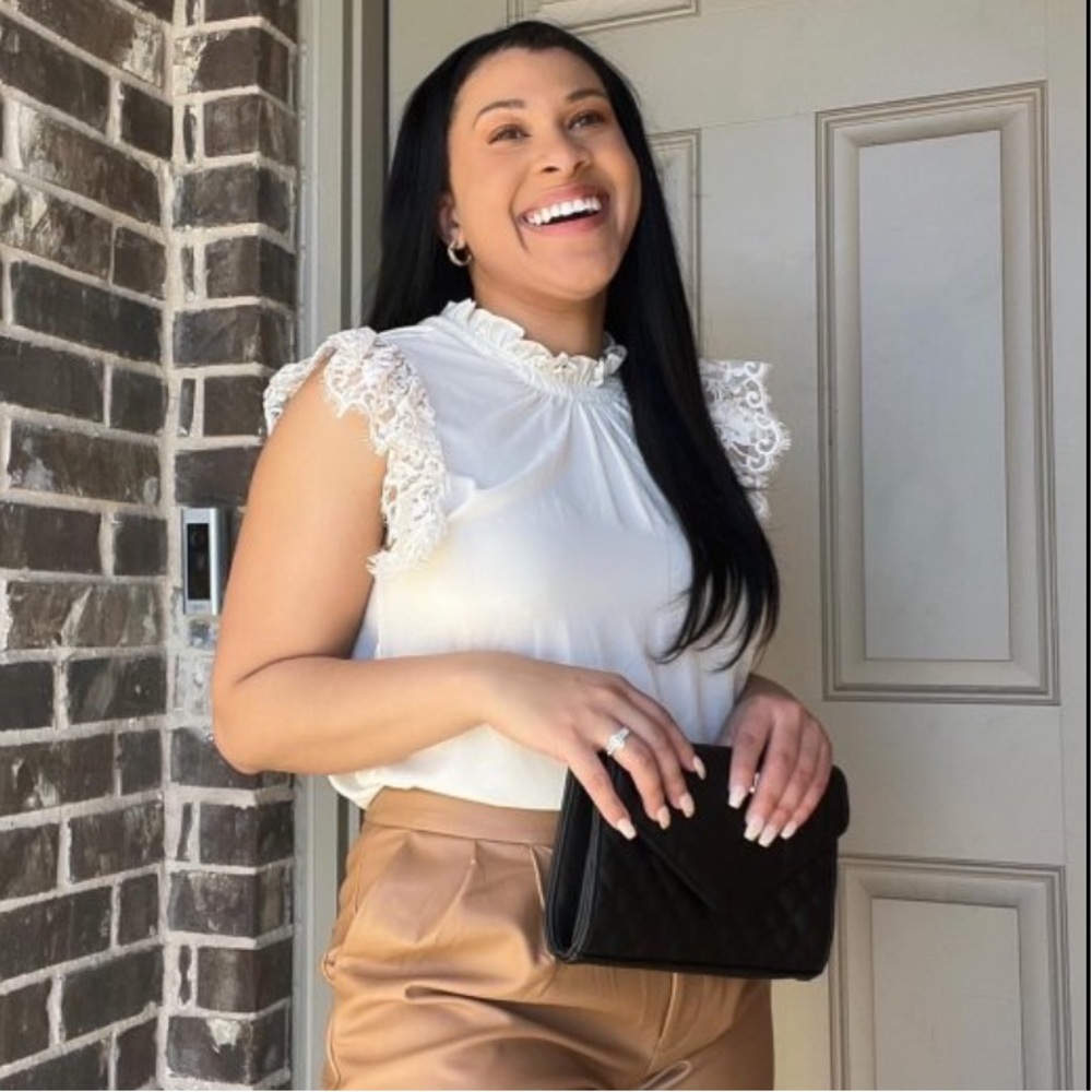 Ruffle mock neck with lace sleeve